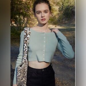 Brandy Melville Sage Crop Long Sleeve Button Down Cardigan Sweater Blouse Top